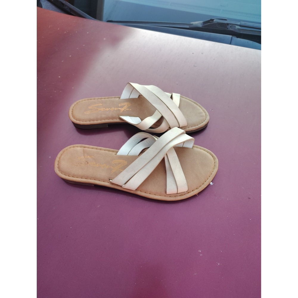 Seven7 Womens Strappy Slide Sandals Metallic Off White Crossover Flats Size 6